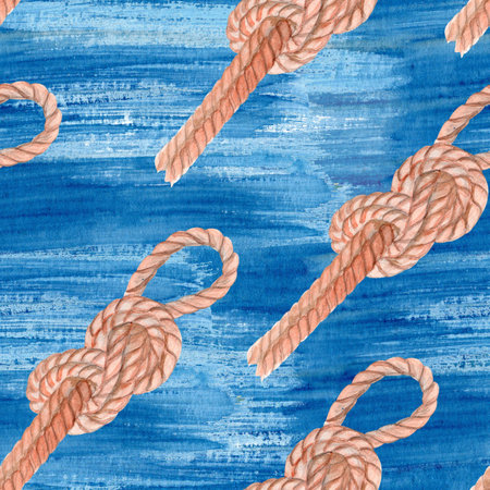 Sailors rope, tied into a reef knot seamless pattern on blue watercolor background. Hand painted clip art perfect for eco design, sailing, sea travel, wrapping paper, packages, sailor, scout. Textureの写真素材