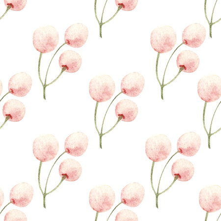 Pink berries on green stems seamless watercolor pattern on white background. Hand-painted for use in textile prints, gift wrap, packaging design, branding, stationery, and seasonal decor. Minimalisticの写真素材