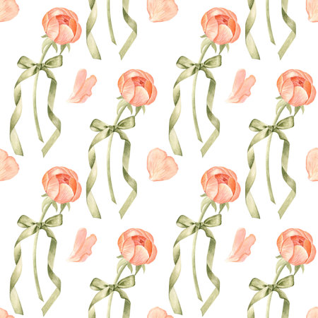 Peony buds, green ribbon flowing tails, petals watercolor seamless pattern isolated on white. Hand-painted ideal for gift shop, wedding stationery, charity packaging, romantic graphic design projectsの写真素材