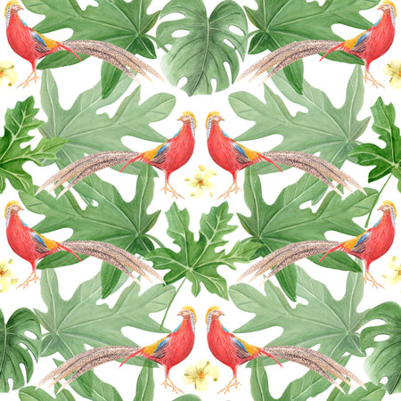Golden pheasant and tropical leaves watercolor seamless pattern isolated on white. Hand drawn clipart perfect for cards, posters, stickers, book design, decor. Exotic tropical vibrant China birdの写真素材