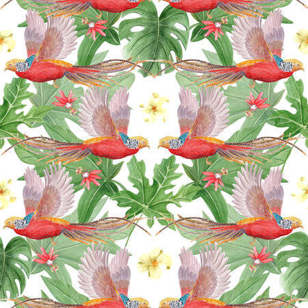 Golden pheasant red birds, yellow flowers, and lush green leaves seamless pattern on white. Hand-painted watercolor. Ideal for fashion, home decor, branding, packaging, book design and summer projectsの写真素材