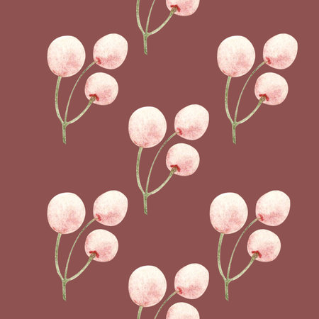 Pink berries on green stems seamless watercolor pattern on dark pink background. Hand-painted for use in textile prints, gift wrap, packaging design, branding, stationery, and seasonal decor. Minimalisticの写真素材