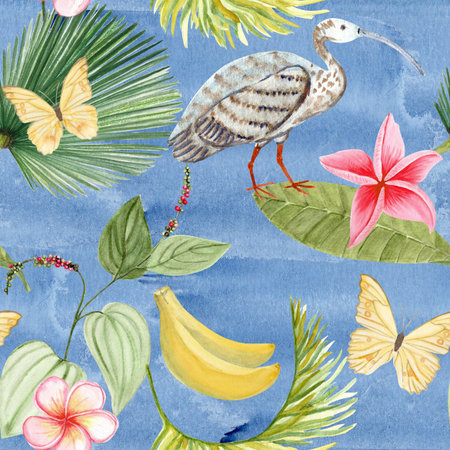Pink plumeria flowers, leafs, ibis bird, butterfly, banana, pepper plant watercolor seamless pattern. Hand painted for spa branding, tropical packaging, summer decor, textile design, cards, botanical. Blue backgroundの写真素材