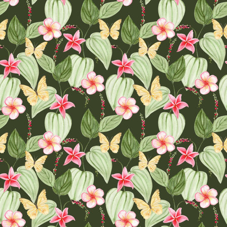 Branch of Kampot pepper plant with heart-shaped green leaves and peppercorns. Hand-painted watercolor on dark green background. Perfect for packaging, culinary design, branding, or eco labelsの写真素材