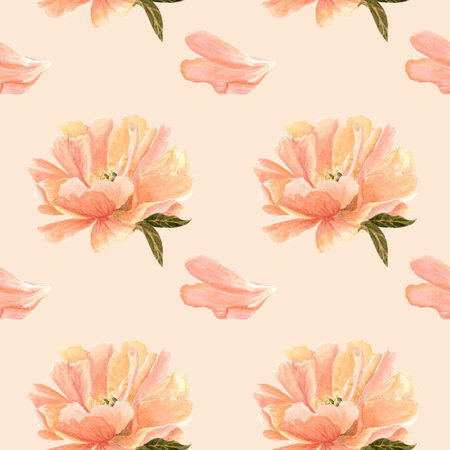 Peony flower head in soft peach tones watercolor seamless pattern. Hand-painted with high detail, perfect for wedding invitations, feminine branding, packaging, fabric design, cards. Peach backgroundの写真素材