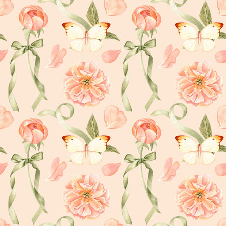 Peonies, butterfly, petals, and green ribbon watercolor seamless pattern on pastel. Hand-painted in soft pastel tones. Ideal for wedding stationery, branding, textiles, packaging, feminine designの写真素材