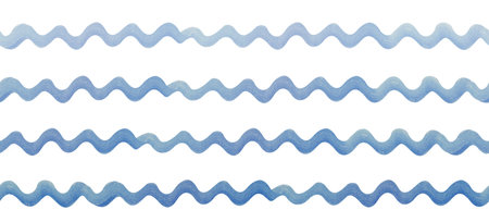Blue watercolor wavy lines arranged in horizontal rows on a white background. Hand-painted wave elements, perfect for marine-themed design, decorative borders, packaging, or childrens illustrationsの写真素材