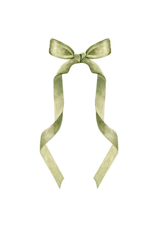 Elegant green bow ribbon with flowing tails watercolor isolated on white. Hand-painted ideal for gift shop branding, wedding stationery, fashion tags, charity packaging, romantic graphic design projectsの写真素材
