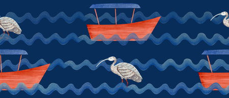 Cambodian boats, waves, Ibis bird, symbol of wetlands, nature watercolor seamless pattern on dark blue. Perfect for travel branding, eco-tourism, textiles, souvenirs, cultural designs. Horizontalの写真素材