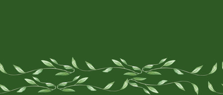 Delicate green leafy vines painted in watercolor seamless horizontal border on green background. Perfect for wedding invitations, eco branding, packaging design, blog decor, and stationery templatesの写真素材