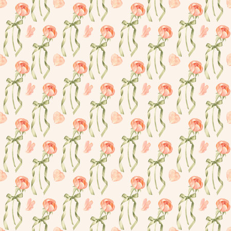 Peony buds, green ribbon flowing tails, petals watercolor seamless pattern on cream background. Hand-painted ideal for gift shop, wedding stationery, charity packaging, romantic graphic design projectsの写真素材