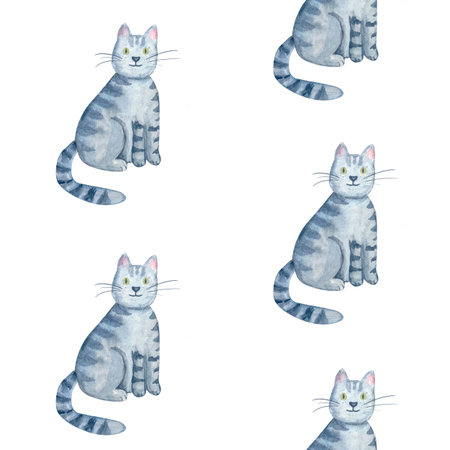 Sitting gray tabby cat with green eyes seamless pattern. Cute watercolor illustration isolated on white. Hand-painted perfect for children product, pet-themed design, greeting card, digital artworkの写真素材