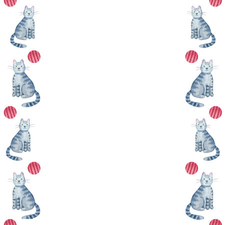 Grey tabby cats, red striped balls. Vertical watercolor frame isolated on white. Perfect for pet-themed invitations, childrens party designs, and stationery with playful, minimal, hand-painted charmの写真素材