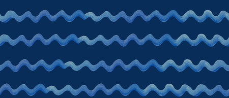Blue watercolor wavy lines arranged in horizontal rows on dark blue background. Hand-painted wave...