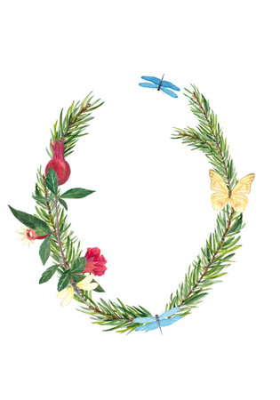 Pomegranate fruits flowers leaves fir branches butterfly watercolor botanical frame isolated on white. Perfect for invitations, packaging, branding, greeting cards, natural products, rustic themesの写真素材