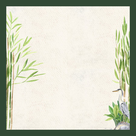 Bamboo plants, heron bird. Minimalist watercolor card template paper texture. Asian frame with space for text, perfect for invitations, wedding stationery, spa branding, posters, eco-friendly designsの写真素材