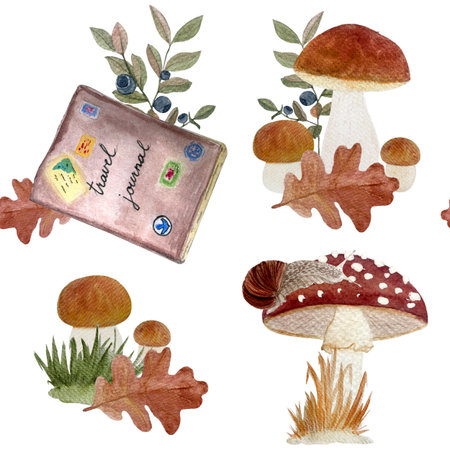 Travel journal, mushrooms, oak leaves, blueberry branches watercolor seamless pattern isolated on white. Hand-painted autumn design ideal for fabric, stickers, wrapping paper, seasonal stationeryの写真素材