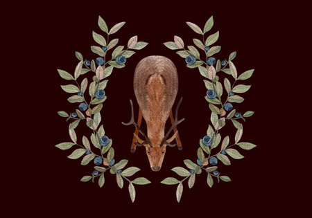 Deer with antlers framed by green leaves dark blue berries on a black background. Watercolor illustration perfect for greeting cards, posters, wedding invitations, fabric prints, rustic seasonal decorの写真素材