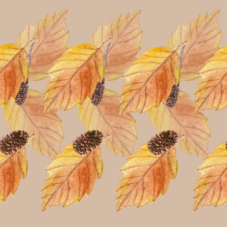 Leaves and pine cones seamless watercolor autumn pattern on mocha background. Hand-painted seasonal design ideal for textiles, gift wrapping, wallpapers, stationery, and fall-themed products.の写真素材