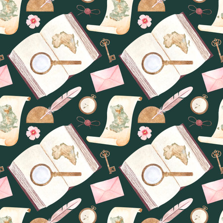 Hardcover open book with Afrikas map, magnifying glass, pocket watch, protractor watercolor seamless pattern on green background. Hand painted for bookstore, geography vintage design, wrapping paperの写真素材