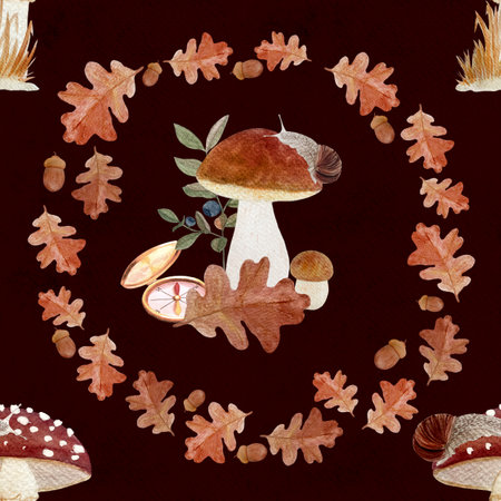 Porcini mushroom, fly agaric, snail, compass, oak leaves, berries in autumn wreath on textured paper. Watercolor seamless pattern. Woodland design perfect for seasonal fabric, packaging, nature projectsの写真素材