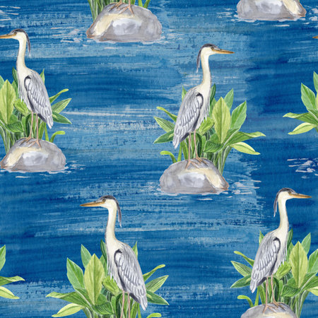 Asian-inspired landscape with herons, tropical plants, stones, water. Watercolor seamless pattern on textured blue. Perfect for botanical designs, exotic patterns, nature themes, zen-style decorationsの写真素材