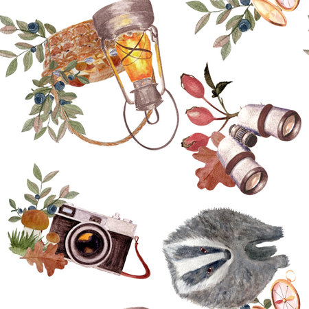 Badger, vintage lantern, binoculars, retro camera, leaves, berries seamless watercolor pattern with on white. Cozy woodland exploration design, perfect for fabric prints, stationery, gift wrap, autumn productsの写真素材