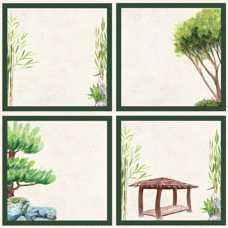 Watercolor seamless pattern on beige paper texture. Oriental landscapes with bamboo, trees, pavilion, heron bird. Ideal for invitations, greeting cards, travel designs, cultural projects. Asian garden frames setの写真素材