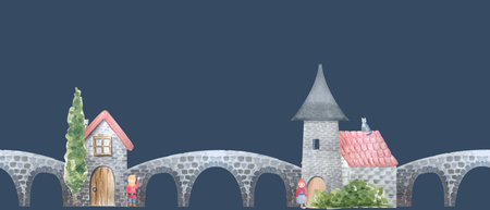 Stone arched bridge, two houses, and cypress tree seamless watercolor border on grey. Horizontal clip art. Perfect for scrapbooking, stationery, childrens designs, and fairytale projects. Villageの写真素材