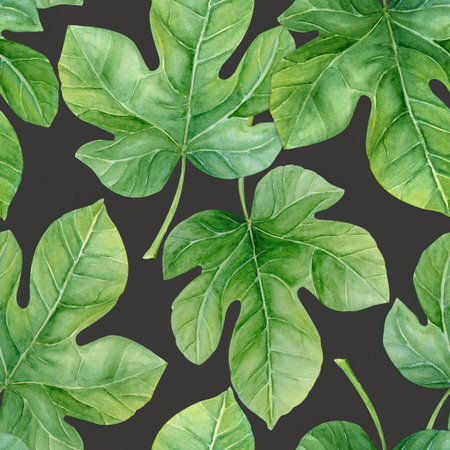 Fig leaf, detailed green texture watercolor seamless pattern isolated on grey. Hand-painted...
