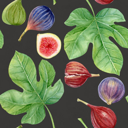 Figs and fig leaves watercolor seamless pattern. Hand-painted botanical illustration on black background. Perfect for food packaging, kitchen prints, cards, invitations, organic branding, natural designの写真素材