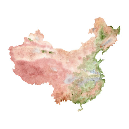 China watercolor map isolated on white in soft earthy tones, blending red, green, beige hues for natural artistic look. Ideal for travel posters, educational materials, infographics, editorial designの写真素材