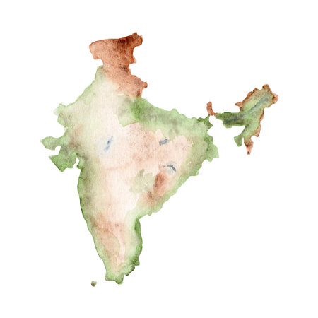India watercolor map in natural green and brown tones with soft gradients and paper texture. Hand-painted clip art isolated on white. Perfect for travel, geography, decor, infographics, educational projectsの写真素材