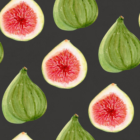 Figs with red pulp watercolor seamless pattern isolated on grey. Hand painted illustration perfect for food design, organic market, packaging, kitchen decor, healthy lifestyle concepts. Sweet fruitの写真素材