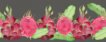 Bright pink dragon fruit whole, half with seeds and leaves. Hand-painted watercolor seamless border on grey. Perfect for tropical food design, packaging, branding, healthy lifestyle projects, prints.の写真素材
