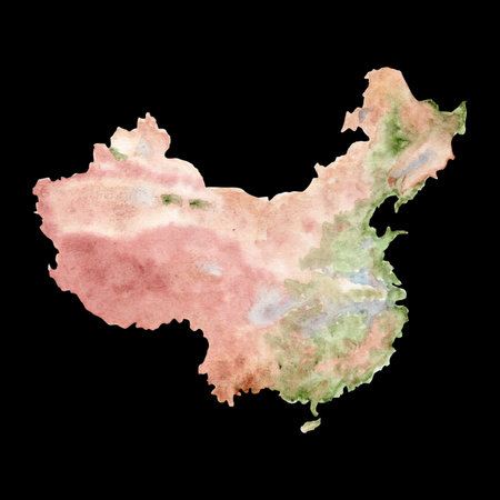 China watercolor map isolated on black in soft earthy tones, blending red, green, beige hues for natural artistic look. Ideal for travel posters, educational materials, infographics, editorial designの写真素材