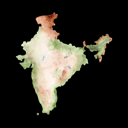 India watercolor map in natural green and brown tones with soft gradients and paper texture. Hand-painted clip art isolated on black. Perfect for travel, geography, decor, infographics, educational projectsの写真素材