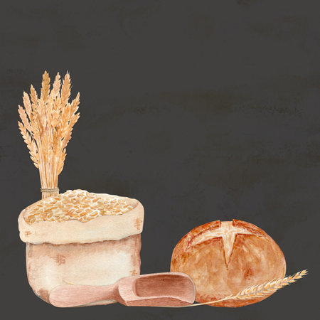 Bread, wheat, grain sack, wooden scoop on dark gray background. Hand-painted watercolor illustration of food clipart in warm tones, perfect for packaging, kitchen decor, farm designs.の写真素材