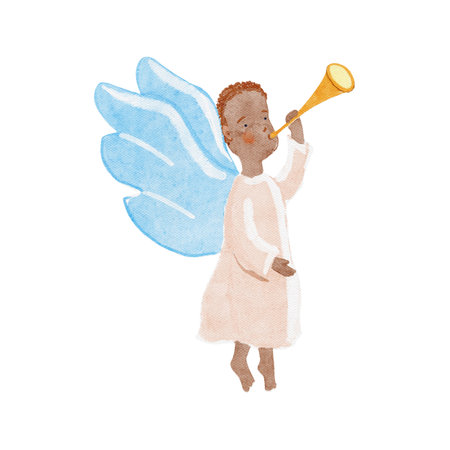 African angel blowing a golden trumpet with blue wings, symbolizing diversity and holiday joy. Perfect for Christmas cards, decor, inclusive projects. Watercolor illustration isolated on white.の写真素材