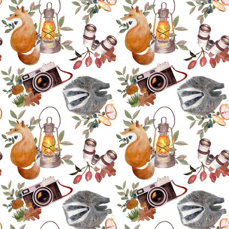 Badger, fox, vintage lantern, binoculars, retro camera, leaves, berries seamless watercolor pattern on white background. Perfect for fabric prints, stationery, gift wrap, and autumn seasonal products.の写真素材