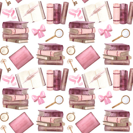 Vintage books, romantic accessories, ribbon, feather, magnifying glass, bow, key, clock. Seamless watercolor pattern perfect for stationery, wrapping paper, textiles, book lovers, cozy academic themesの写真素材