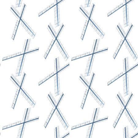 Watercolor windmill blades seamless pattern in blue tones isolated on white. Hand painted art....