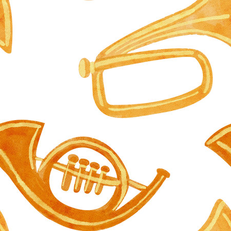 Brass horns in warm golden tones. Watercolor seamless pattern. Hand-painted musical design on white, perfect for festive wrapping paper, Christmas crafts, textiles, invitations, and creative projectsの写真素材
