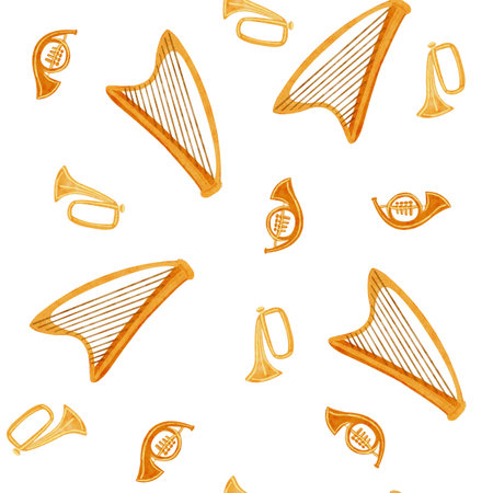 Golden harps and brass horns arranged in a rhythmic musical layout. Watercolor seamless pattern. Hand-painted clip art on white, ideal for festive textiles, wrapping paper, cards, creative projectsの写真素材