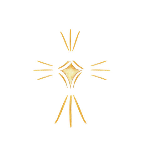 Christmas star with radiant glowing beams, soft watercolor textures. Elegant clip art ideal for festive cards, nativity designs, winter decor, wrapping spiritual holiday projects. Hand-painted goldenの写真素材