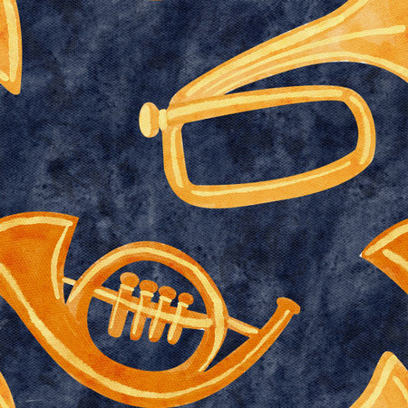 Brass horns in warm golden tones. Watercolor seamless pattern. Hand-painted musical design on blue, perfect for festive wrapping paper, Christmas crafts, textiles, invitations, and creative projectsの写真素材