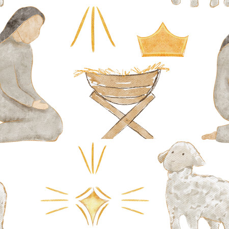 Kneeling Mary beside a manger, crown, lamb and a glowing golden star. Hand-painted watercolor nativity seamless pattern isolated on white, scene ideal for Christmas cards, devotionals, holiday designsの写真素材