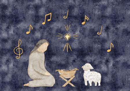 Kneeling Mary, manger, glowing golden star, notes above. Hand-painted watercolor nativity...