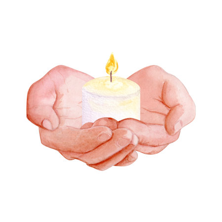 Hands holding a small lit candle, watercolor illustration isolated on white. Ideal for remembrance cards, spiritual themes, charity projects, mindfulness visuals. Symbolizing memory, hope and comfortの写真素材