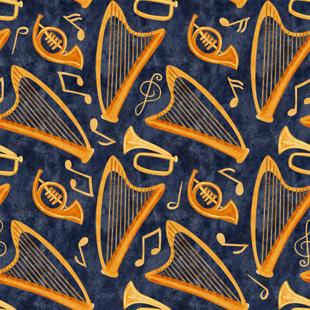 Brass, harp instruments, notes and treble clef watercolor seamless pattern on textured blue. Hand-painted musical clipart ideal for Christmas themes, nativity scenes, festive decor, textile, packagingの写真素材